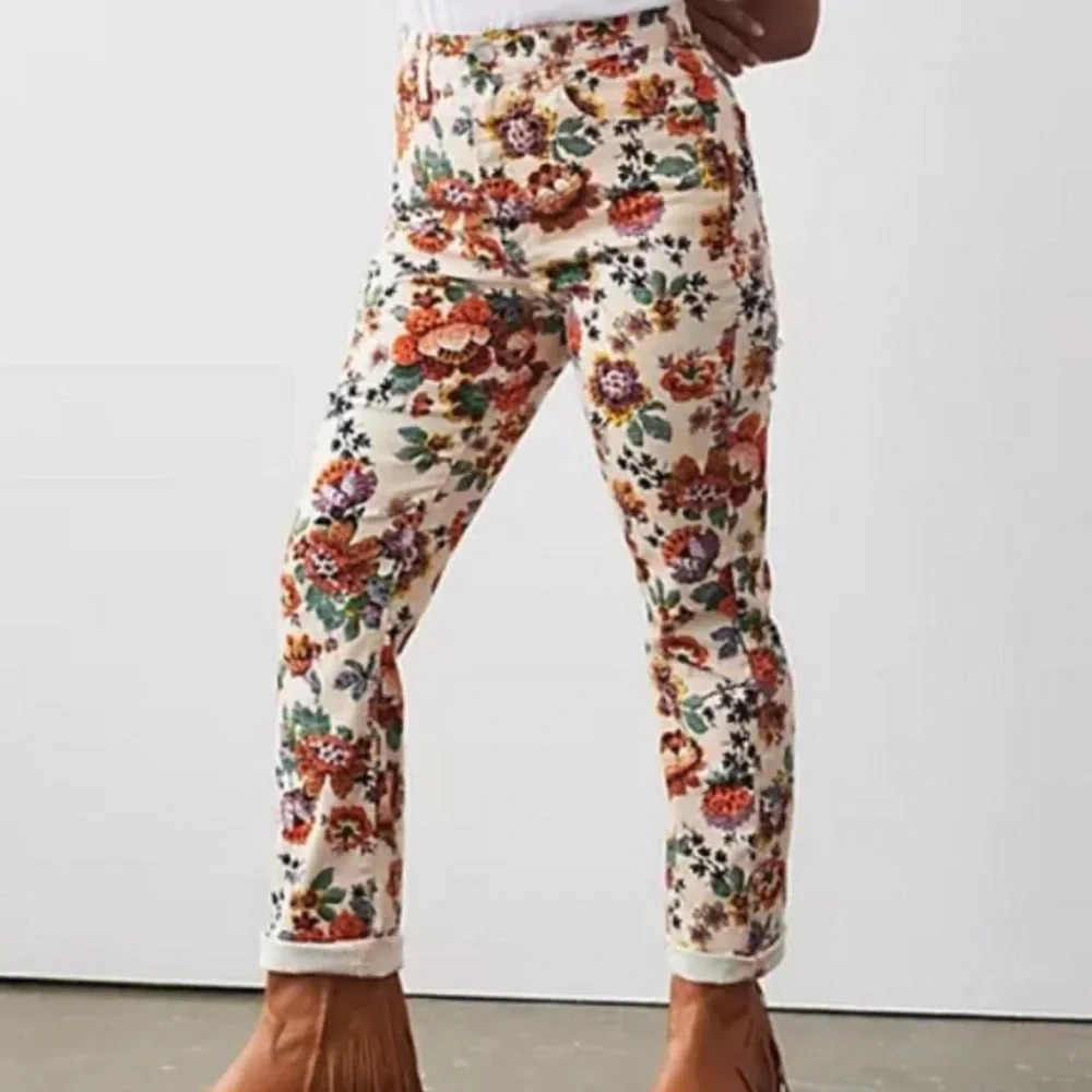 Anthropologie Cream Floral Straight-Leg Jeans